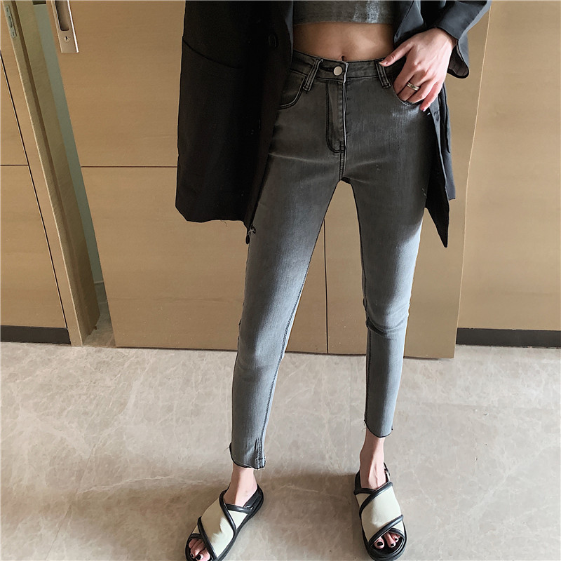 

Korean spring casual wind hole high waist nine points pencil pants trendy small fashion retro Slim Harajuku new jeans women, Gray
