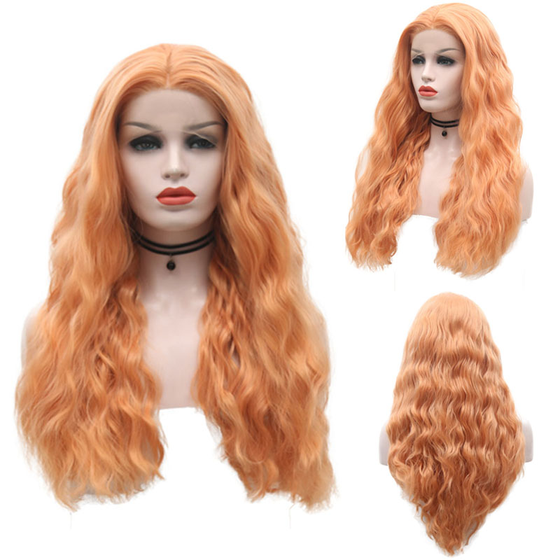 

RONGDUOYI Daily Use Hair Orange Synthetic Lace Front Wig Long Curly Wigs For Black Women Glueless Lace Wig with Natural Hairline, As pic