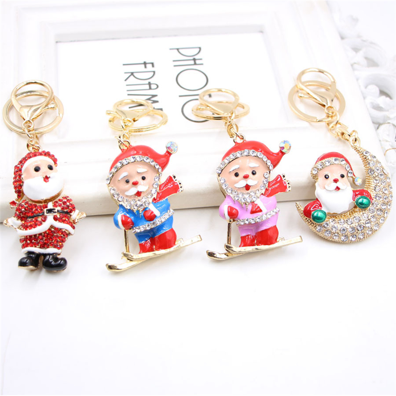 

Christmas Keychains Gift Rhinestone Alloy Santa Claus Moon Key Chains Jewelry New Year Keyrings Rings Holder Phone Bag Pendant Car Keychain
