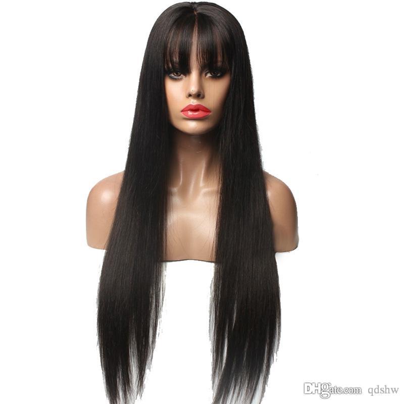 

Best Natural Human Hair Wigs With Bangs For Black Women Pre Plucked Silky Straight Virgin Peruvian Hair Glueless Long Lace Front Wigs Bangs, #1 jet black