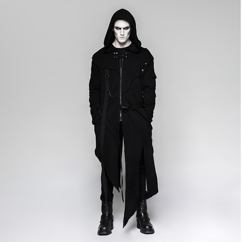 

PUNK RAVE Men's Darkly series Punk Jacket Irregular Personality Party Club Stage Performace Long Sleeveless Coat, Black