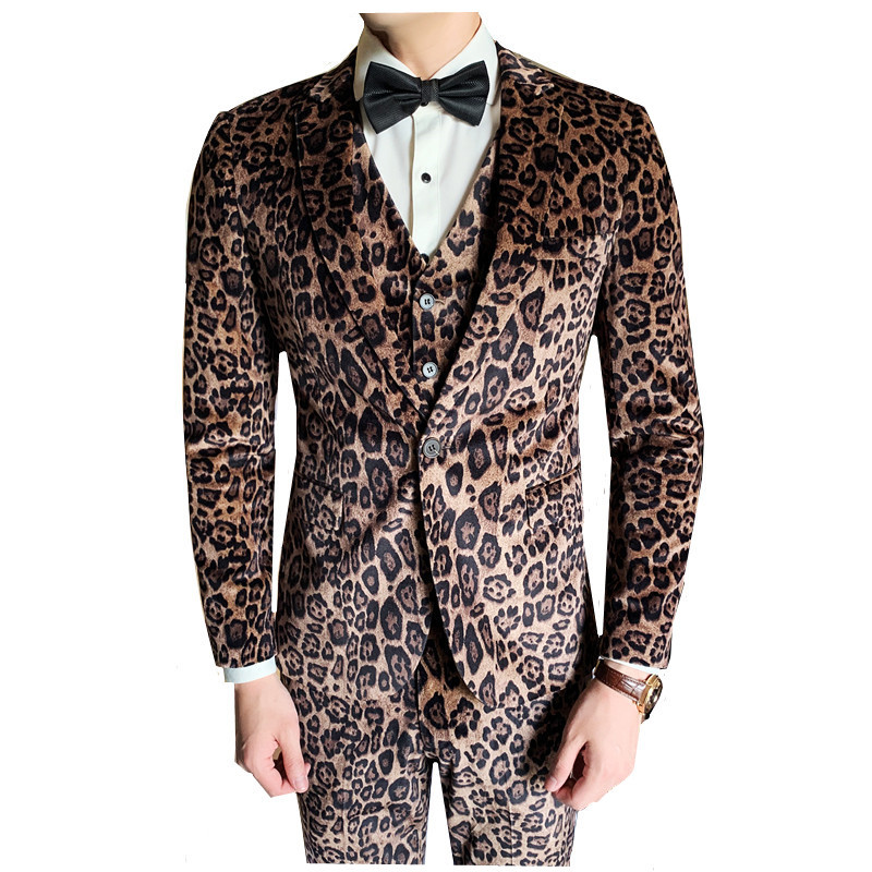 

Leopard Print Dress Men Suits Sets 2020 Casual Business Slim Fit Group Event Activity Wedding Men's Floral Suit 3 Piece Set, Khaki