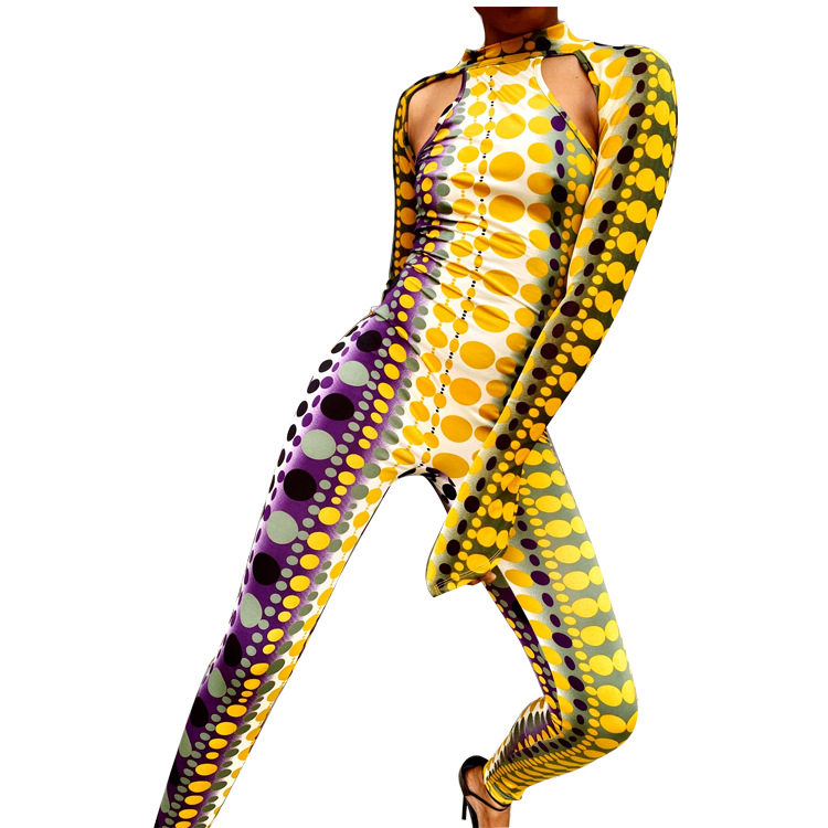 

2020 summer women sexy club party style jumpsuits long sleeve round neck hollow out dot printed jumpsuits long pants, Yellow