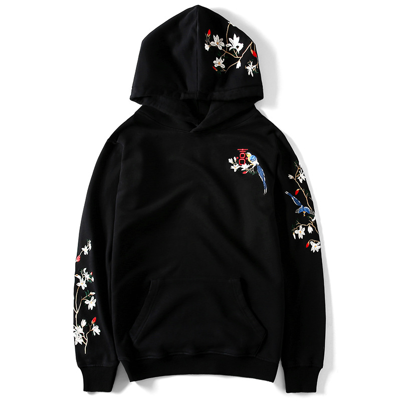 

2018 China Style Embroidery Birdie Hoodies Men 100%Cotton Fashion Long Sleeve Black Gray Hoodie Us Size -XL