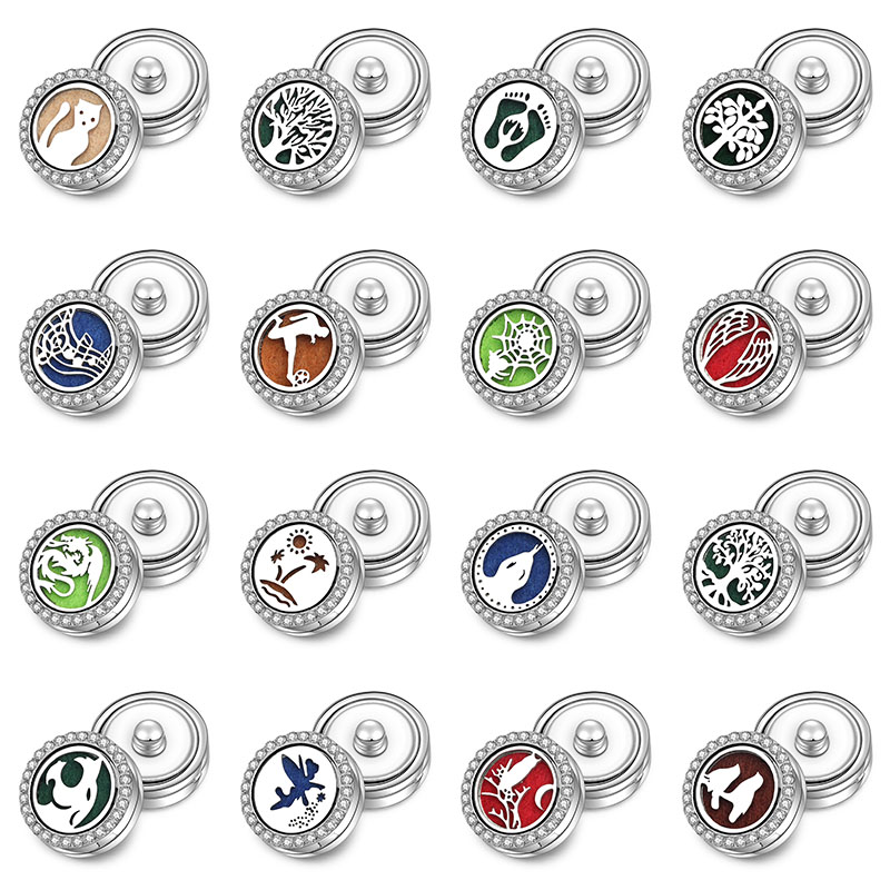 

New 16 Designs Magnetic Snap Buttons Perfume Locket Stainless Steel Essential Oil Diffuser Snap Button Bracelet