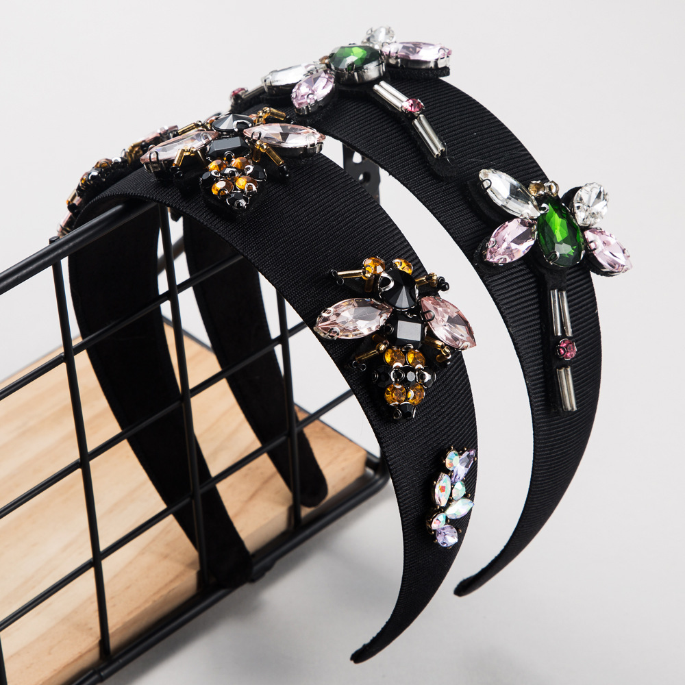 Baroque hair band female fabric color-inlaid rhinestone bee Dragonfly headband catwalk headwear-image-548248744