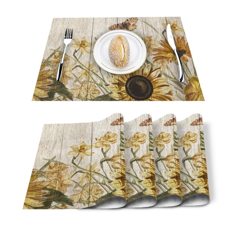 

4/6 Pcs Placemat Table Mat Sunflower Rustic Garden Printed For Tables Heat-insulation Linen Cotton Kitchen Dining Pads Set