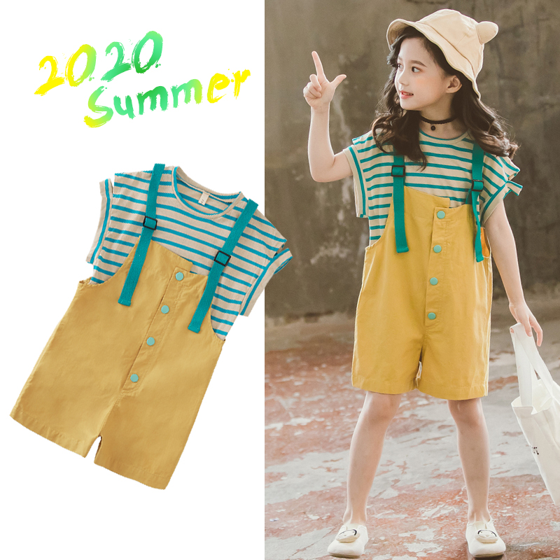 

2020 New Girls Clothes Sets Teen Girls Clothing Short Sleeve Tops + Overalls 2pcs Back To School Outfits Clothes for Kids, Blue