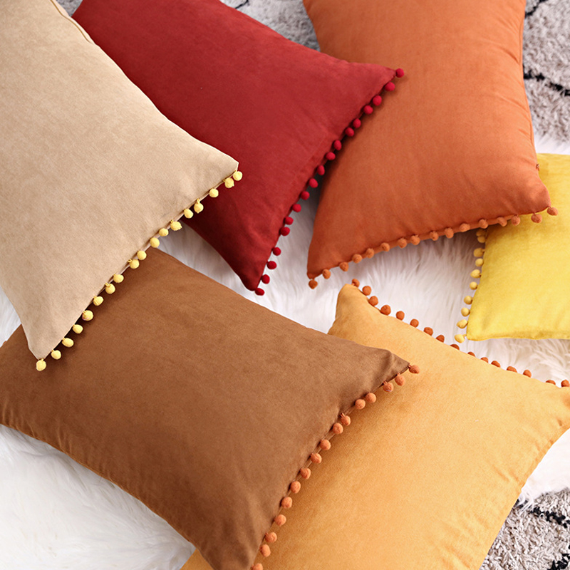 

Nordic ins Style Hair Ball Lace With Ball Suede Pillow Case Solid Color Sofa Cushion Throw Pillow Case For Home Decor 50X50cm, 50x50cm champagne