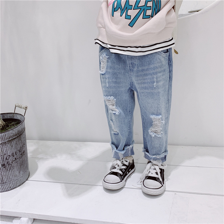 

Spring boys girls fashion broken hole jeans 2019 Korean style rough selvedge casual denim pants children bottoms, Blue