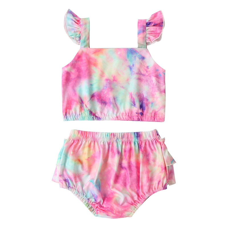 

3M-24M Toddler Baby Summer Clothes Sets Newborn Girls Ruffles Sleeveless Tie Dye Crop Tops+Shorts Pants Kids Casual Clothing, Multi