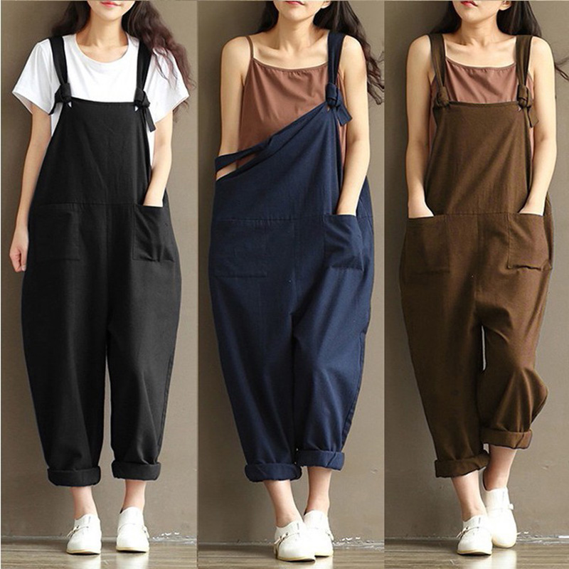 

New Woman Casual Loose Linen Pants Cotton Jumpsuit Strap Harem Trousers Overalls Overalls Loose Harem Pants Trousers, Black