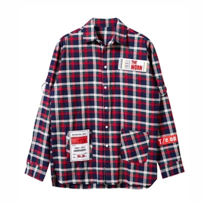 

Long Sleeve Shirt Mens Casual Shirt Korean Plaid Shirts Male Fashion Contrast Color Patch Baju Kemeja Pria Clothes 50CS071, Red