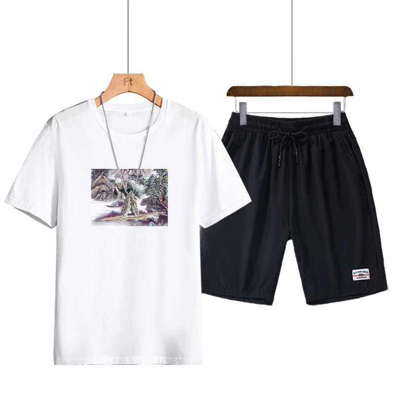 

Men's Short Sleeve Shirt T-shirt Suit Stylish Two-piece Street Fashion Casual Cotton Sweatshirt Fleece Breathable Sport Suits, White suit