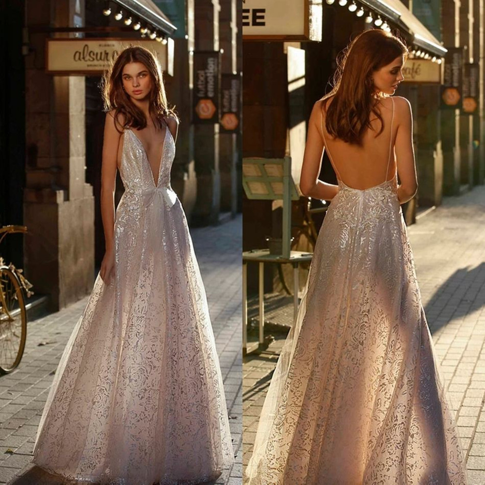 

2021 Fashion Wedding Dresses Spaghetti Straps Appliques Lace Bridal Gowns Custom Made Open Back Sweep Train A-Line Wedding Dress, Ivory