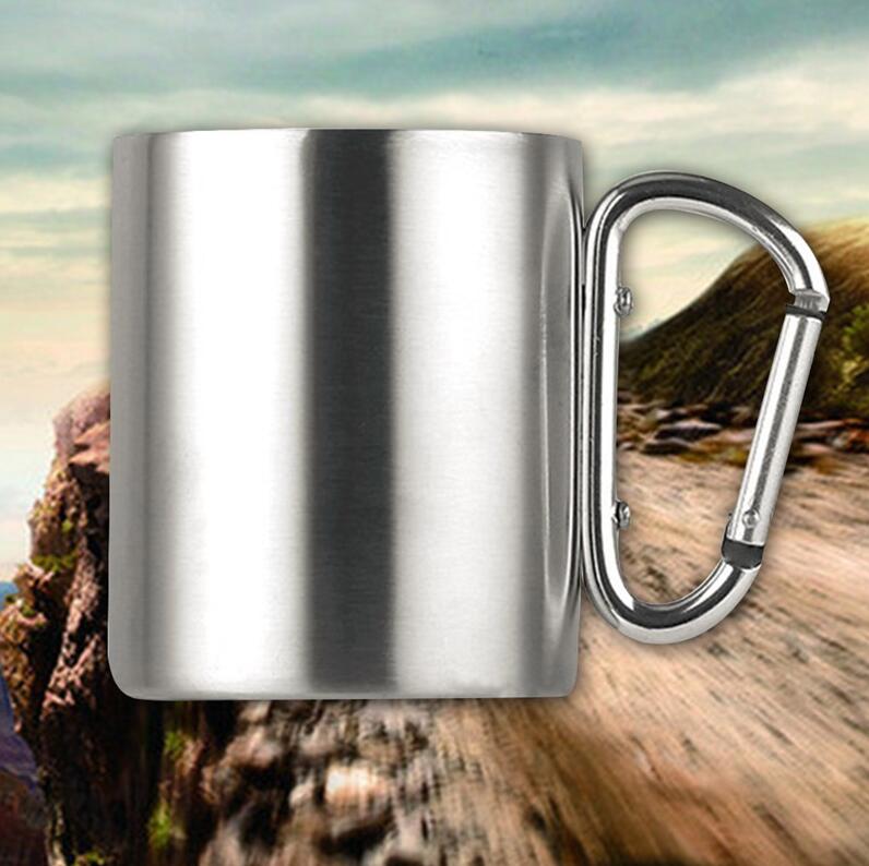 

Stainless Steel Cup Camping Traveling Outdoor Cup Double Wall Mug with Carabiner Hook Handle 220ml 300ml 350ml with box gift, Silver