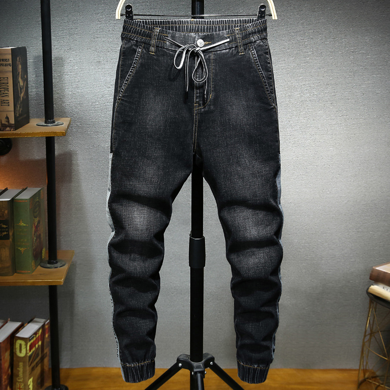 

Elastic Waist Drawstring Jeans Men Full Length Beam Leg Solid Color Denim Loose Harem Pants Cowboy Fashion Male, Blue