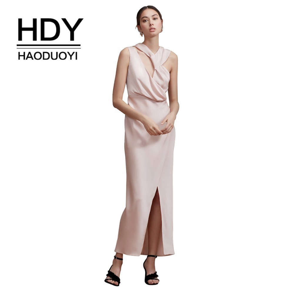 

HDY Haoduoyi Sexy Club Tank Dress V Collar Hollowing Out Cascading Backless Split Women Summer Long Maxi Fashion Dresses Female, Pink
