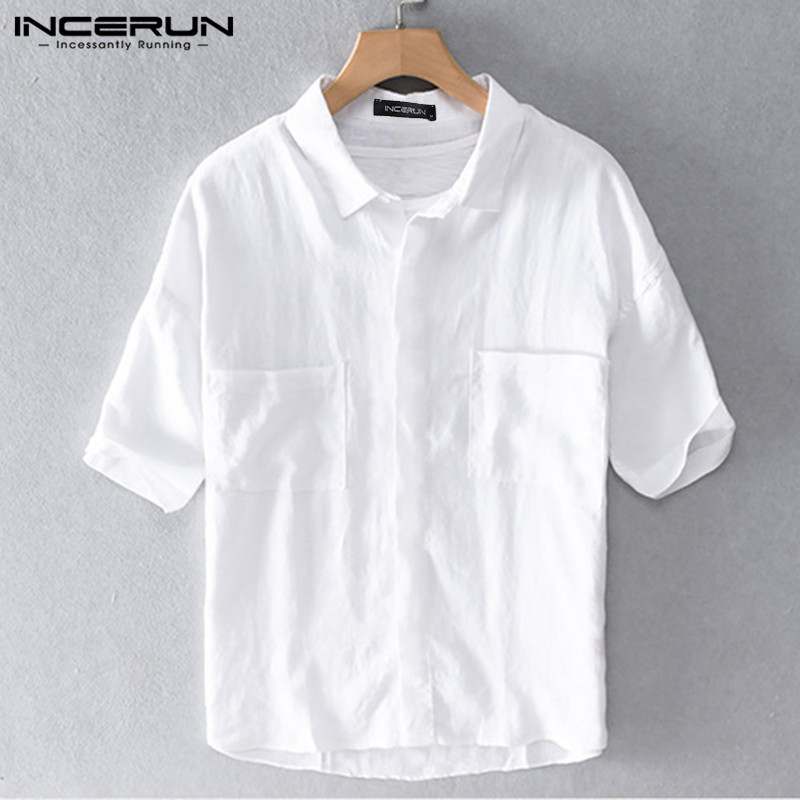 

2020 Fashion Men Casual Shirt Cotton Short Sleeve Streetwear Solid Color Lapel Camisa Summer Mens Brand Shirts Harajuku INCERUN, Black shirt