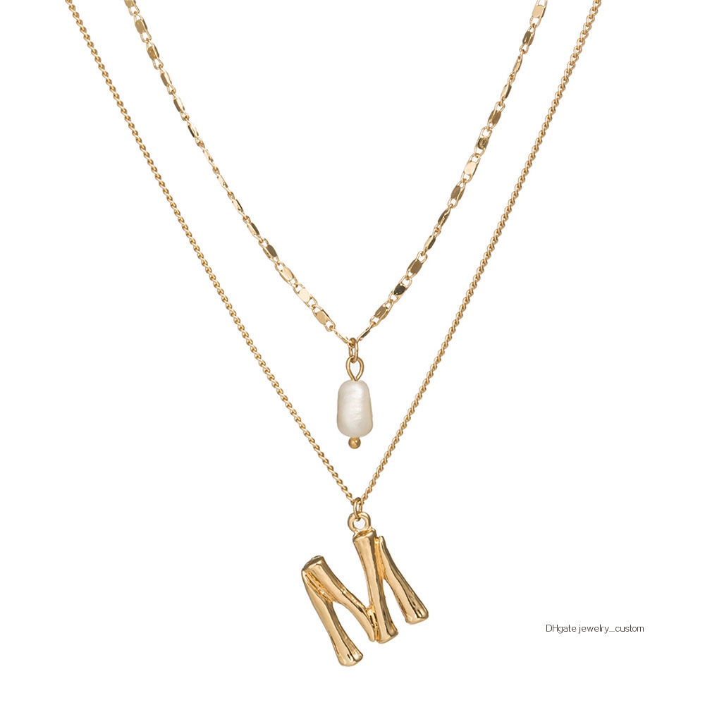 

Ma'am Multi-storey Necklace 18k Gold Flat Chain Natural Pearl Necklace Letter Accessories
