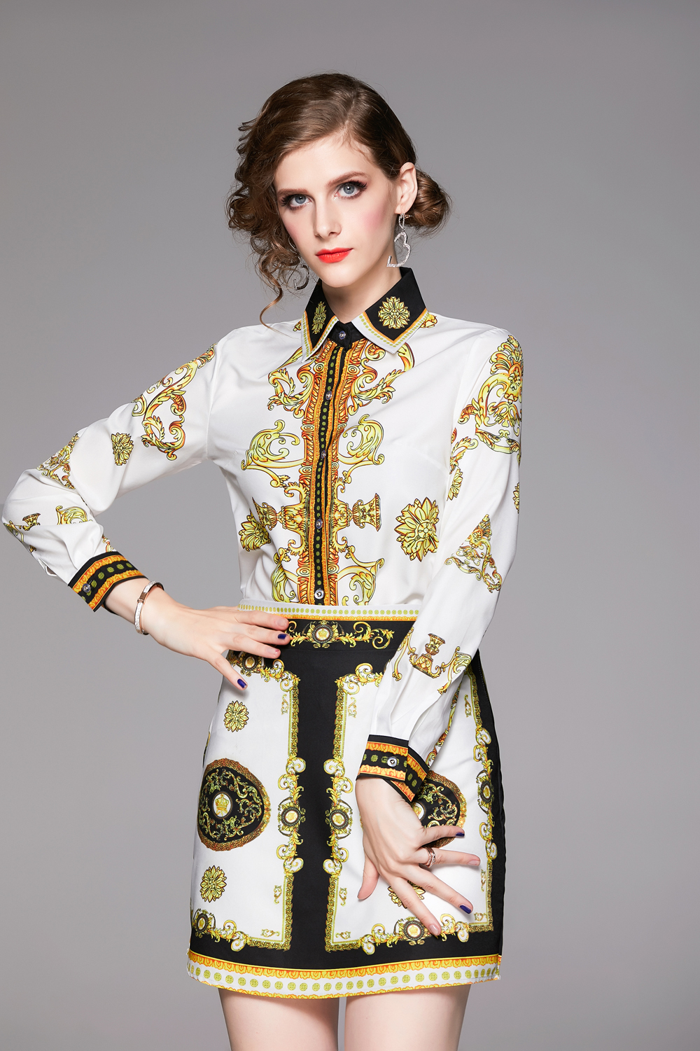 

2020 Spring Summer Fall Runway 2pcs Women Ladies Sets Vintage Baroque Print Collar Long Sleeve Tops Shirt Blouse Mini Skirt Suits Outfits, Multi