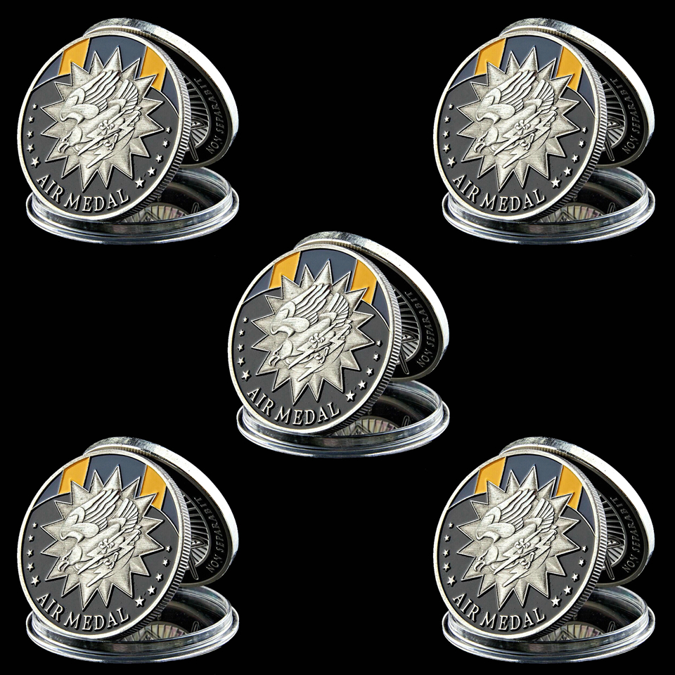 5pcs USA Military Air Meda Coin Craft Meritorious Achievement In Aerial Flight Token Silver Plated Challenge Badge-image-521996741