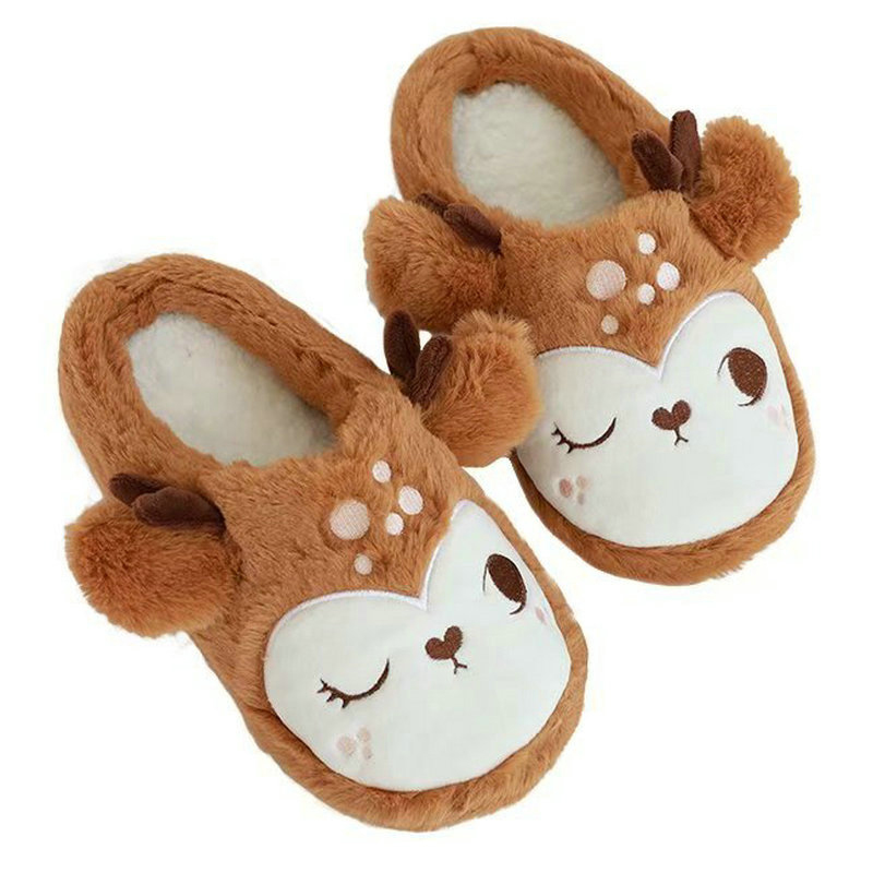 

Autumn and winter cute red deer lovers plush slippers home indoor floor non-slip cotton women shoes 2colours slippers, Black