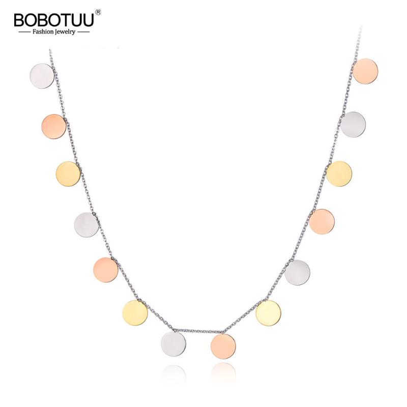 

BOBOTUU Trendy Original Titanium Stainless Steel Three Color Wafer Charm Necklace Pendant Chain Necklace For Women BN19070
