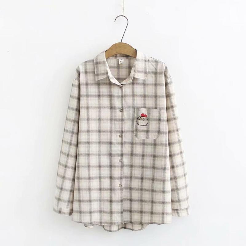 

Cotton Plaid Embroidered pocket womenl loose shirts 2020 new plus size casual ladies soft blouse female tops oversize, Beige