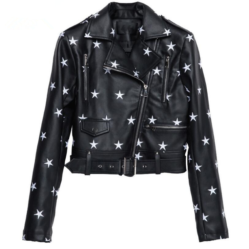 

Street Fashion PU Leather Jacket 2019 Womens Star Embroidery Casual Motorcycle zipper Jackets bright streetwear femme p1376, Beige