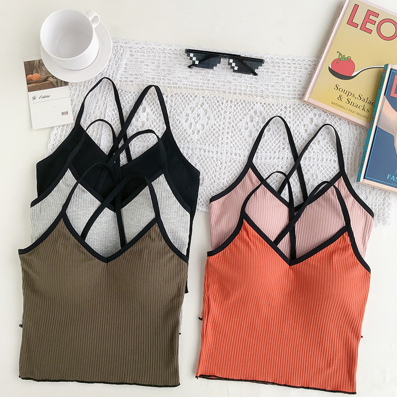 

Comfort Tank Top Back Cross Short Camis Tops With Bra Women Cropped Tops Female Wireless Underwear, Orange