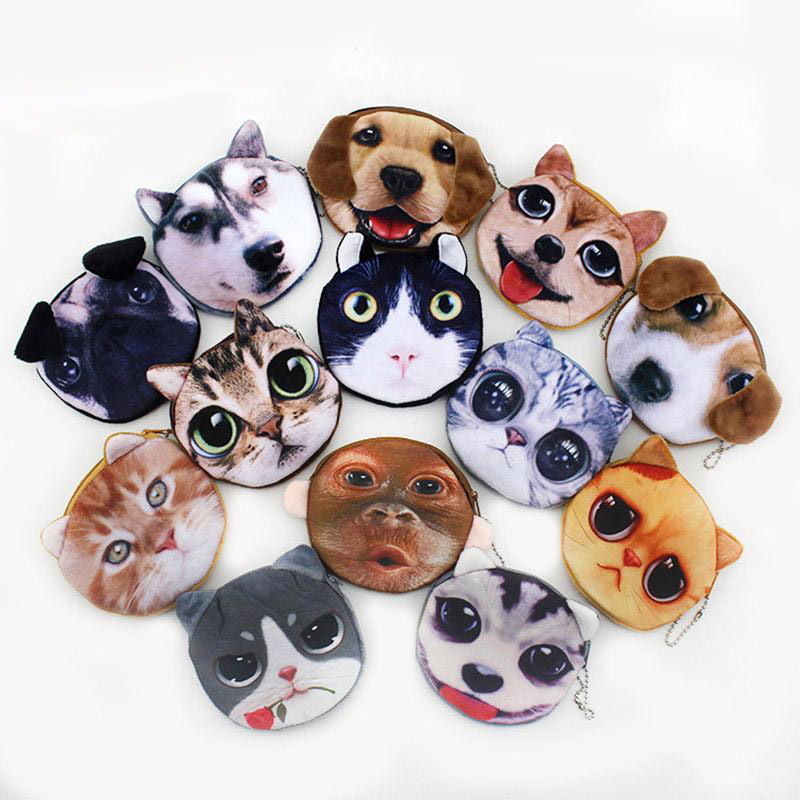 

20 Styles New 3D printing Cat /Dog Face Zipper Case Children Coin Purse Lady Cute Wallet Pouch Women Girl Makeup Buggy Bag, Red;black