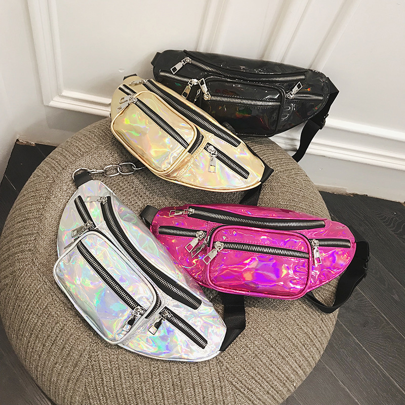 

Chain crossbody fashion laser waist packs High Capacity personalized wild fanny pack waist bags chest zipper belt bag outdoor, Black