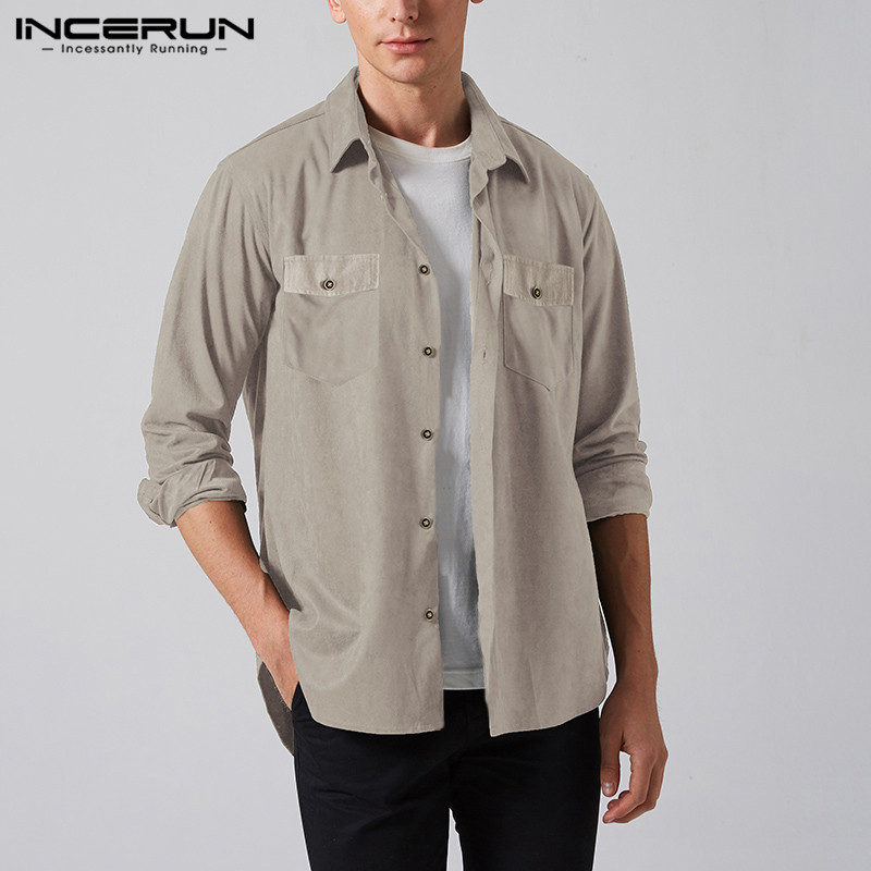 

INCERUN Fashion Men Casual Shirt Brand Cotton Pockets 2020 Solid Blouse Chic Korean Long Sleeve Leisure Shirts Hombre Streetwear, Black shirt