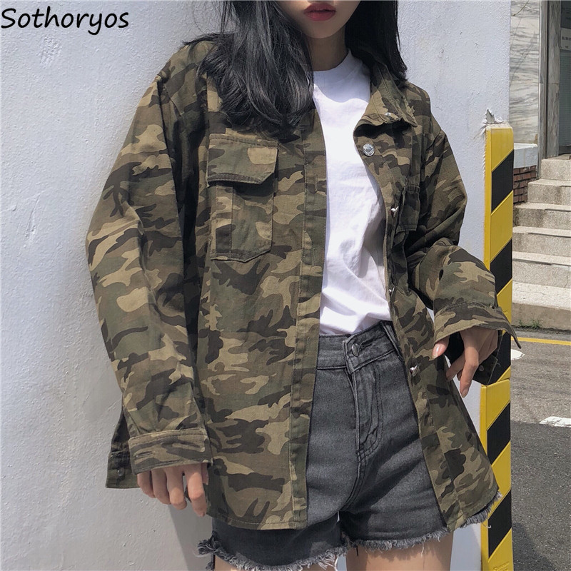 

Jackets Women Camouflage Turn-down Collar Single Breasted Pockets European Style Coats Womens Lose BF Ulzzang Students Jakcet Y200101, Army green
