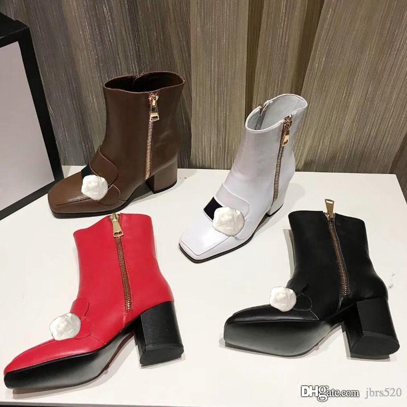 

Martin short boots 100% cowhide Belt buckle Metal zipper women Shoes Classic Thick heels Leather designer High heeled Fashion Pearl Lady boot Large size 35-42 us4-us11, Red