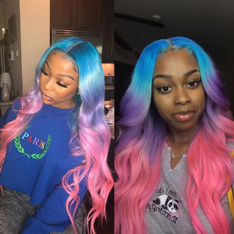 

Preferred Blue Purple Pink Ombre Human Hair Wig Pre Plucked Orange Blue Wavy Wig Brazilian Remy Transparent Lace Wigs for Women, #350
