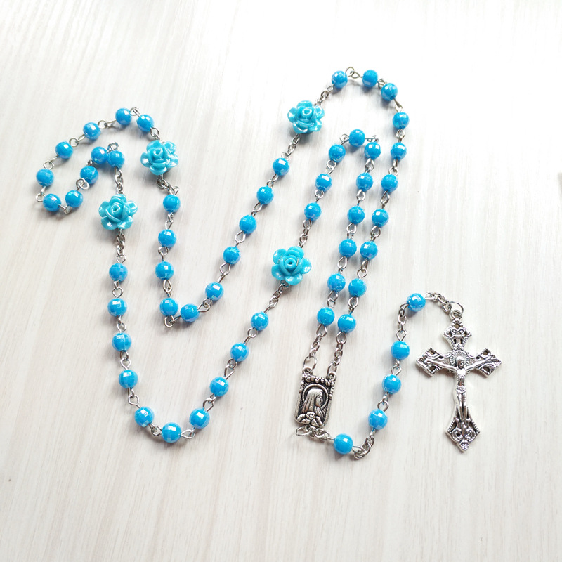 

QIGO Catholic Acrylic Round Beads Rose Rosary Necklace For Women Religious Prayer Jewelry