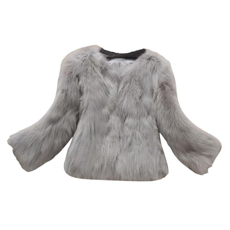 

New Winter O Neck Slim Coat Faux Fur Warm Female Winter Outerwear Solid Three Quarter Sleeve Jacket Pullover Wholesale W1, Gray