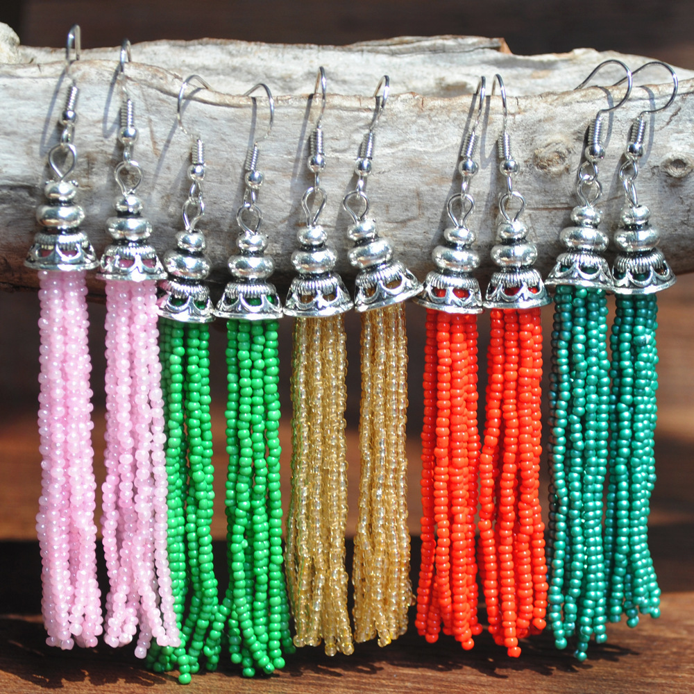 

Bohemian ethnic style long tassel earrings colorful rice beads earring handmade beaded accessories