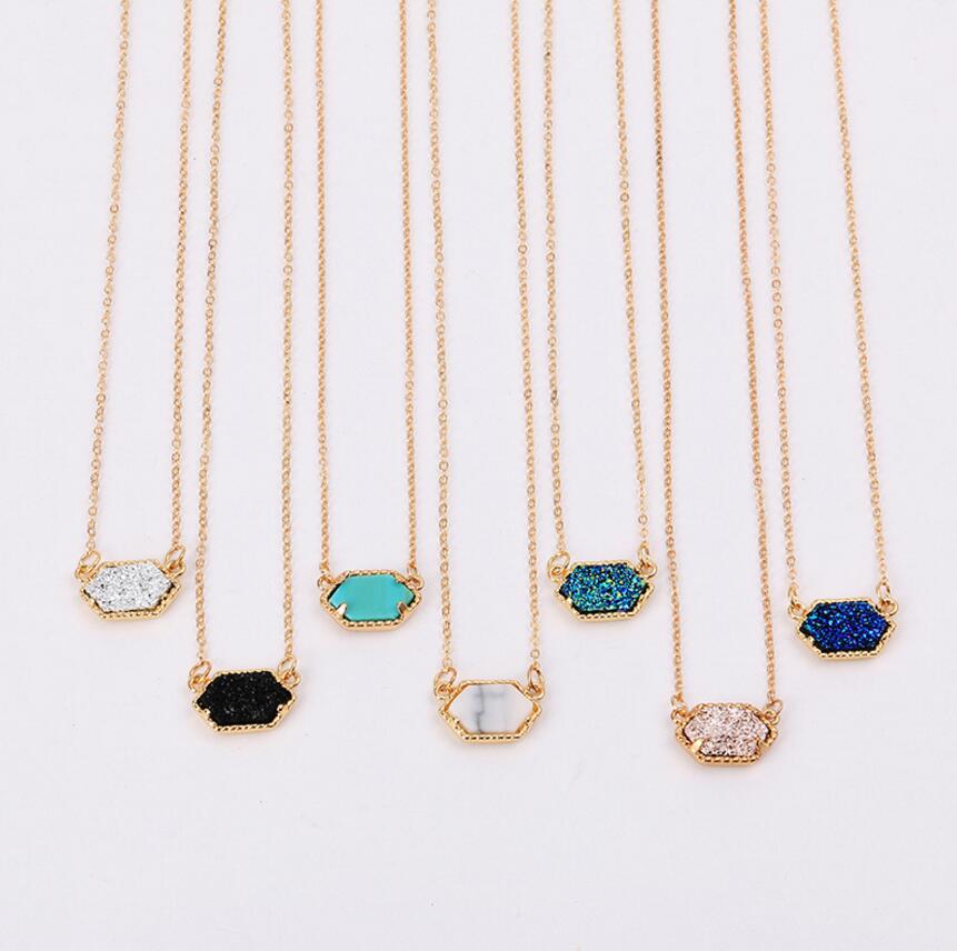 

Wholesale-Fashion Druzy Drusy Pendant Necklaces Silver Gold Plated Popular Faux Stone Turquoise Necklaces For Women Lady Jewelry