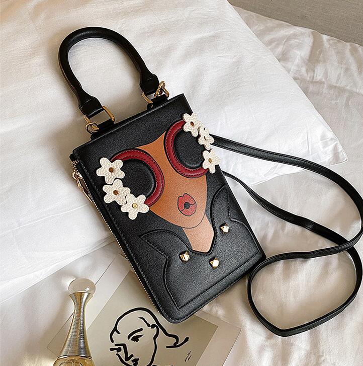 

Factory wholesale women handbag new creative cartoon women messenger bag street fashion handsome sunglasses girl handbag fashion leather bag, Black;red