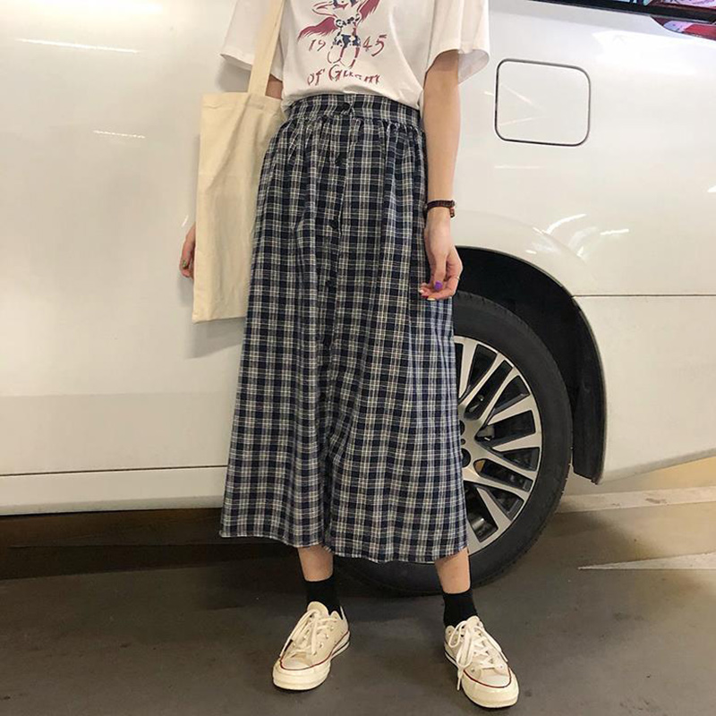 

Harajuku Plaid Long Skirts Women Summer Loose Casual Skirt New 2020 Korean Style Single Breasted A-line High Waist Skirts P525