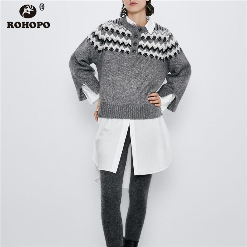 

ROHOPO Round Collar Buttons Closure Pullover Sweater Long Sleeve Dobby Ladies Gray Retro Loose Knitted Tops Outwear #1900, As picture