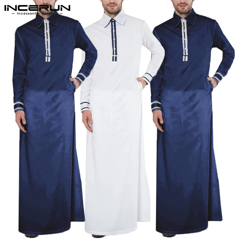 

INCERUN 2020 Spring Men Long Sleeve Elegant Patchwork Robes Muslim Kaftan Men Thobe Lapel Long Shirts Fashion Arabia Abaya Robes, White