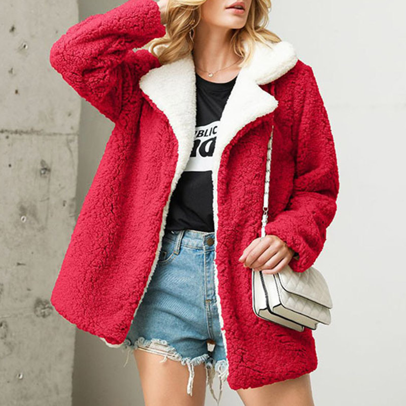 

Women' Cardigan Faux Fur Red Coat Solid Turn-Down Collar Long Sleeve Female Coats Cardigans 2019 Autumn Winter Ladies Clothing