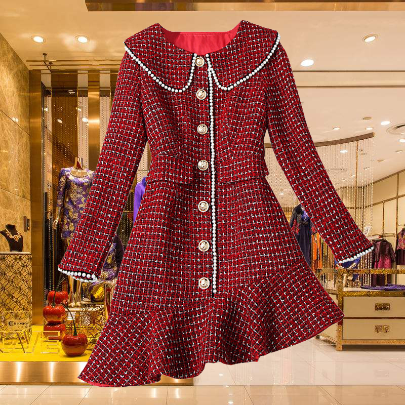 

2020 A Line Long Sleeve Collar Mermaid Woollen Red Autumn Winter Women Plaid Red Tweed Pearl Bodycon Single Breasted Beaded Women Dress, Same as picture