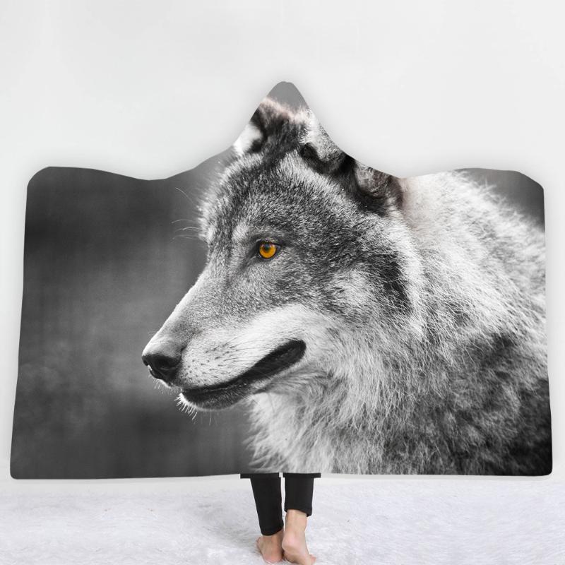 

Wolf Sherpa Hooded Blanket Animal Sofa Throw Blanket Warmth Soft Air Conditioning Hood Comfort Machine Wash Blankets