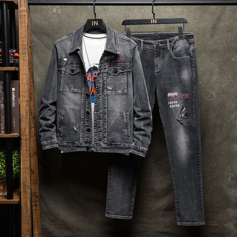

2020 New Mens Jeans Two-Piece-Set Autumn Male Large Size -5XL Denim Jacket/Jeans Sets Casual Gray Letter Print Slim Tracksuit, Jacket and jeans