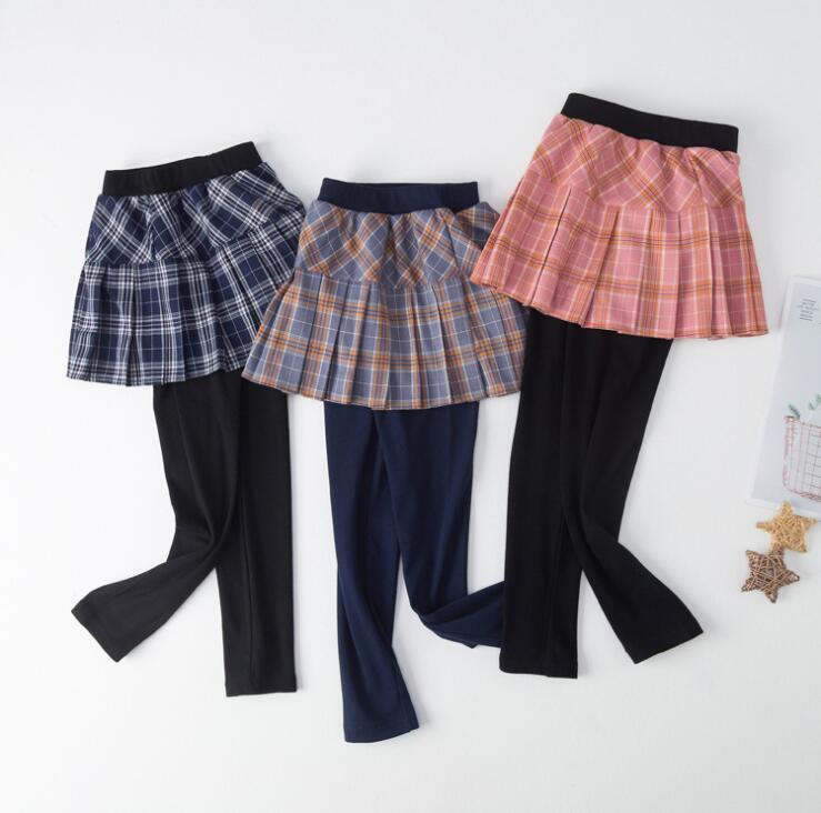 

Spring Autumn Baby Kid Leggings Girl Toddler Plaid Pattern Skirt Pants Fake 2 Piece Skinny Long Bottoms 3-8T Kids Designer Cloth, 3 colors to choose
